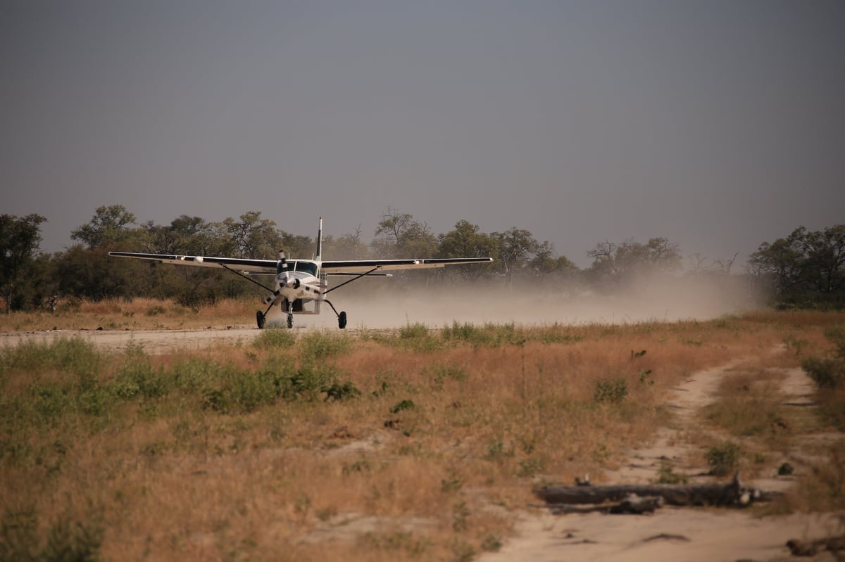 Bush plane taking off from a savannah airstrip at golden hour